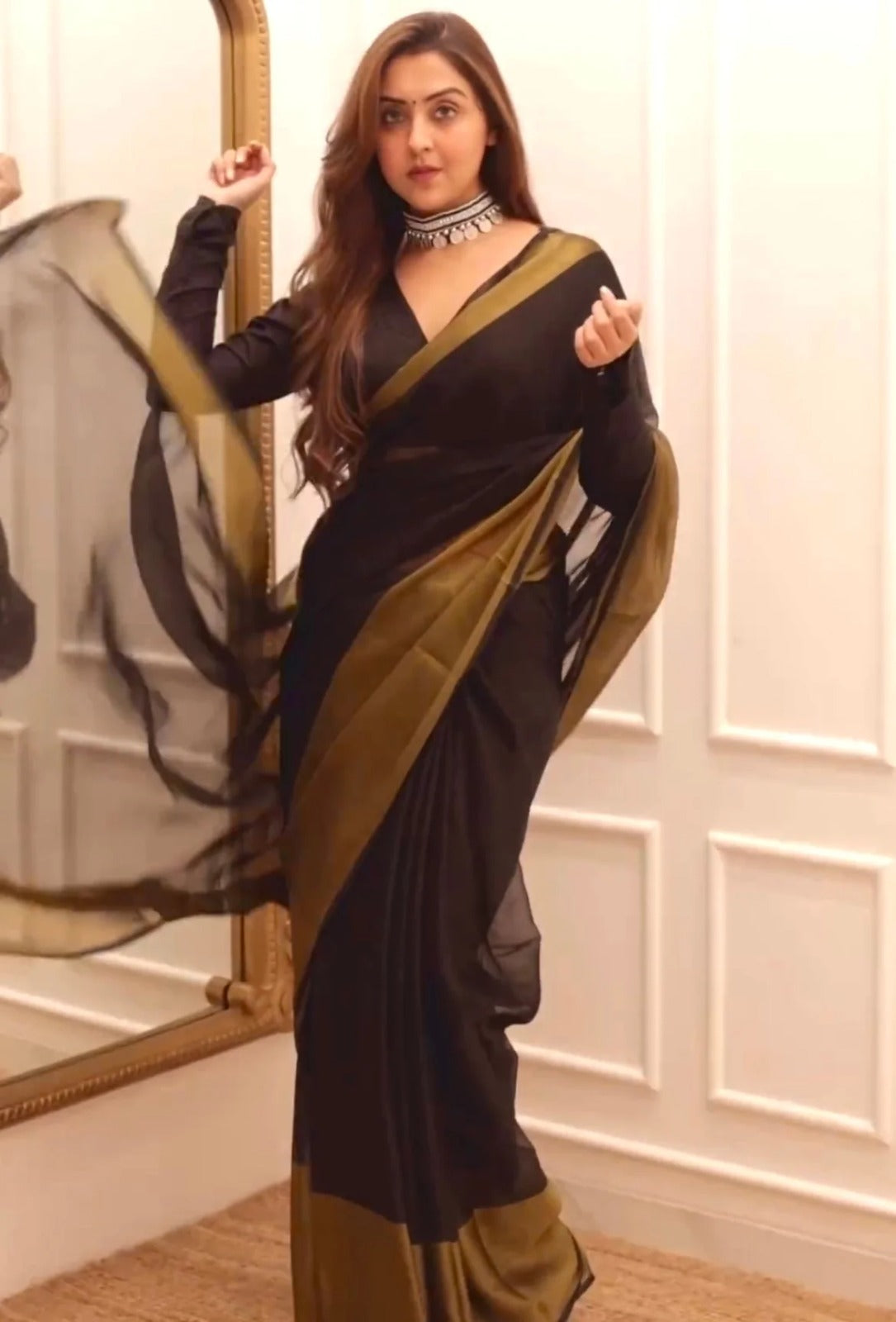 Demesne Black 1 Minute Ready To Wear Zari Patta Chiffon Silk Saree