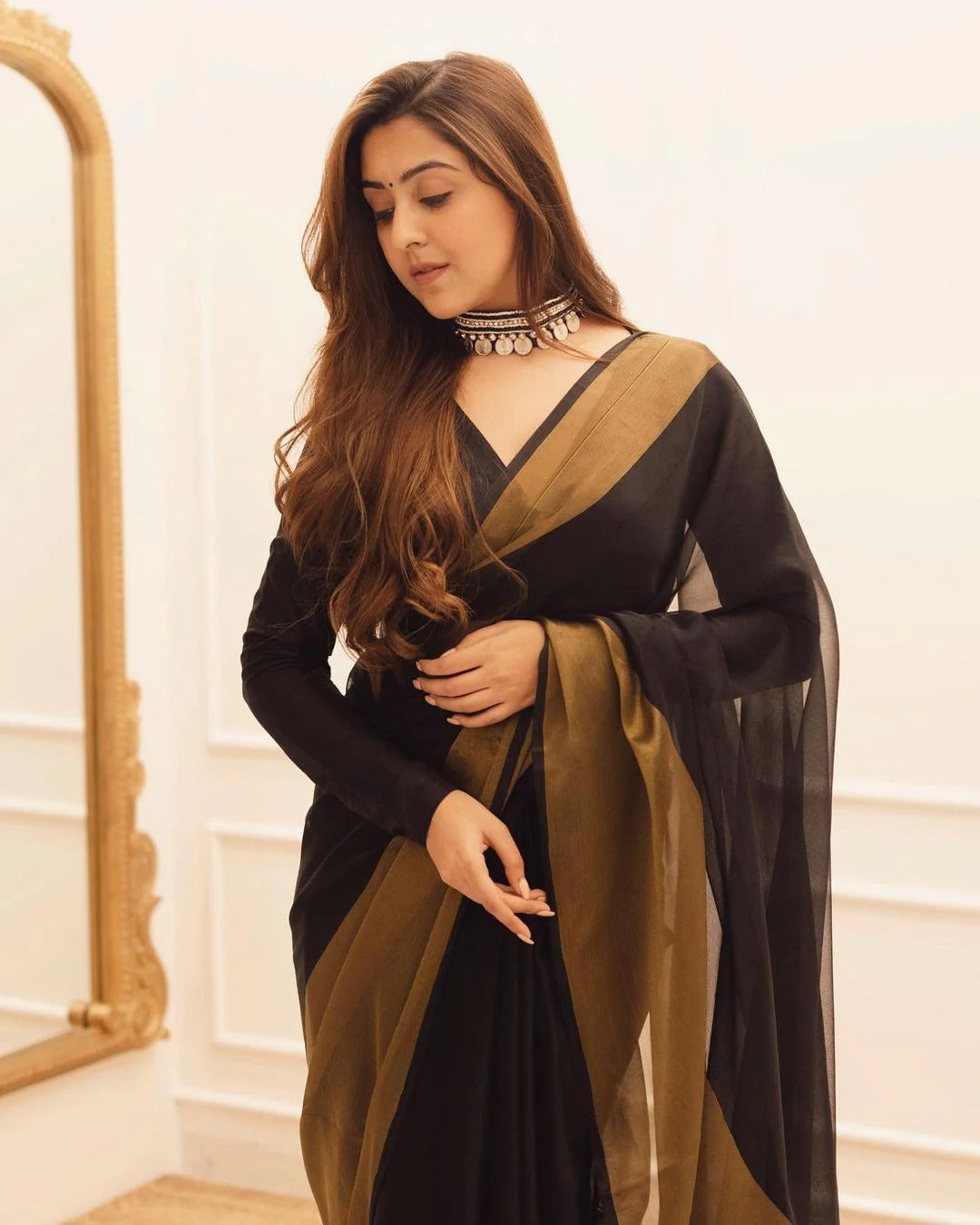 Demesne Black 1 Minute Ready To Wear Zari Patta Chiffon Silk Saree