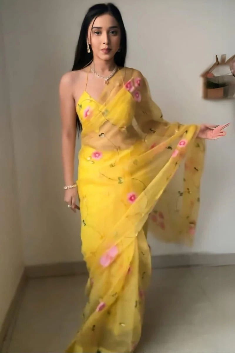 Fairytale 1-Minute Ready To Wear Yellow Organza Silk Saree