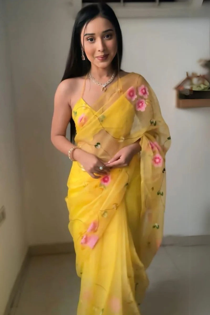 Fairytale 1-Minute Ready To Wear Yellow Organza Silk Saree