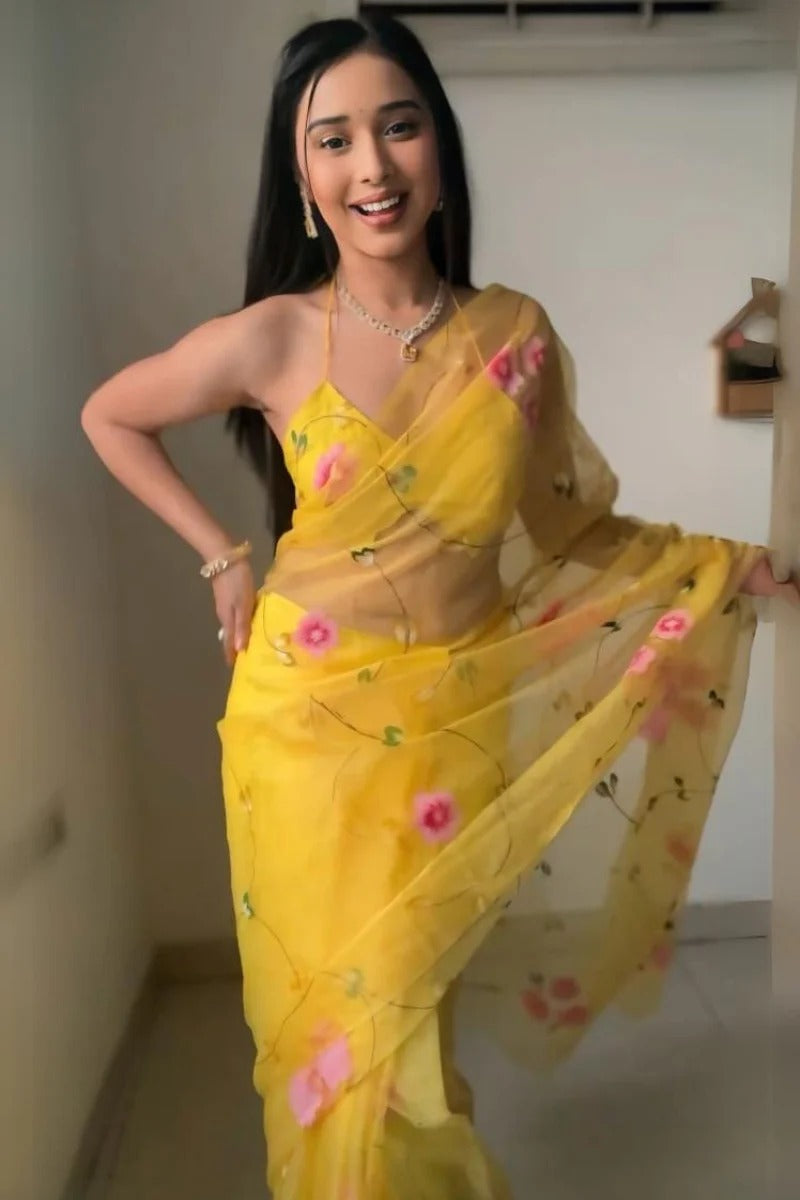 Fairytale 1-Minute Ready To Wear Yellow Organza Silk Saree