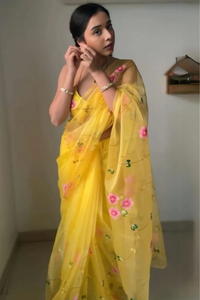 Fairytale 1-Minute Ready To Wear Yellow Organza Silk Saree