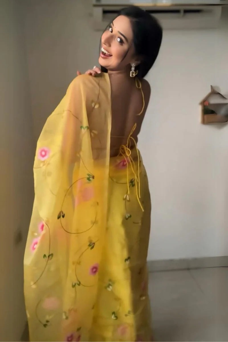 Fairytale 1-Minute Ready To Wear Yellow Organza Silk Saree