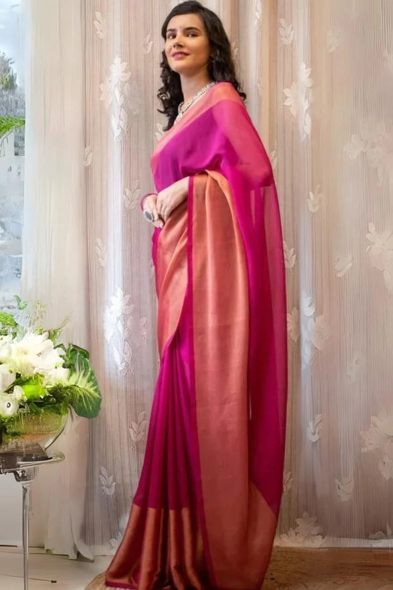 Improbable Pink 1 Minute Ready To Wear 3D Shaded Colors Chiffon Silk Saree