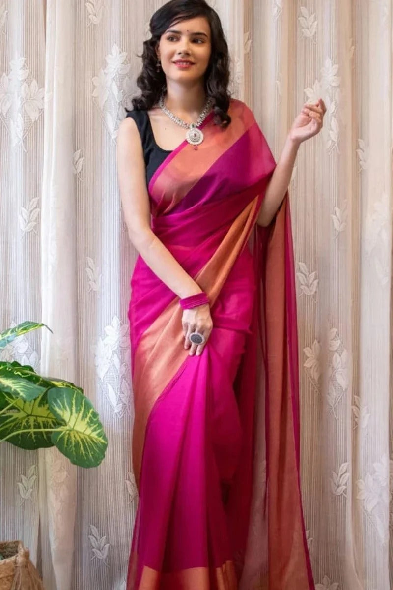 Improbable Pink 1 Minute Ready To Wear 3D Shaded Colors Chiffon Silk Saree