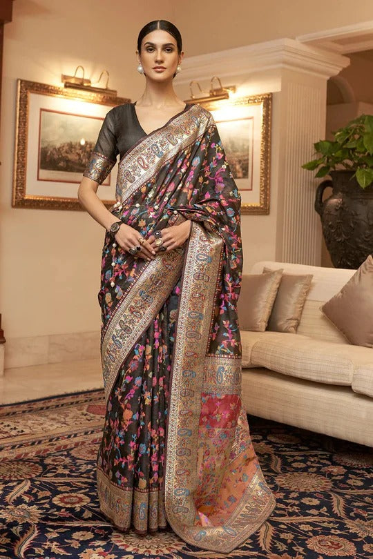 Denouement Black Pashmina Saree With Felicitous Blouse Piece