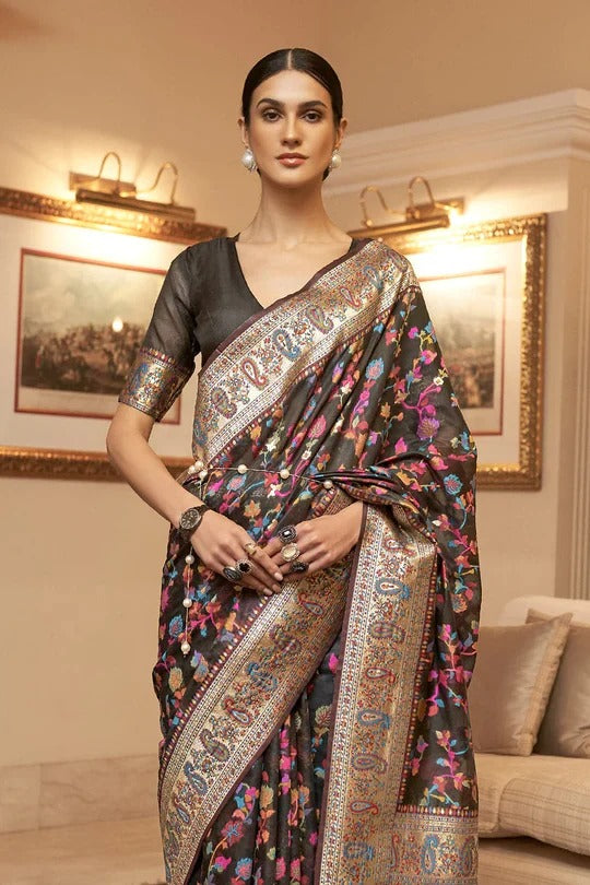 Denouement Black Pashmina Saree With Felicitous Blouse Piece