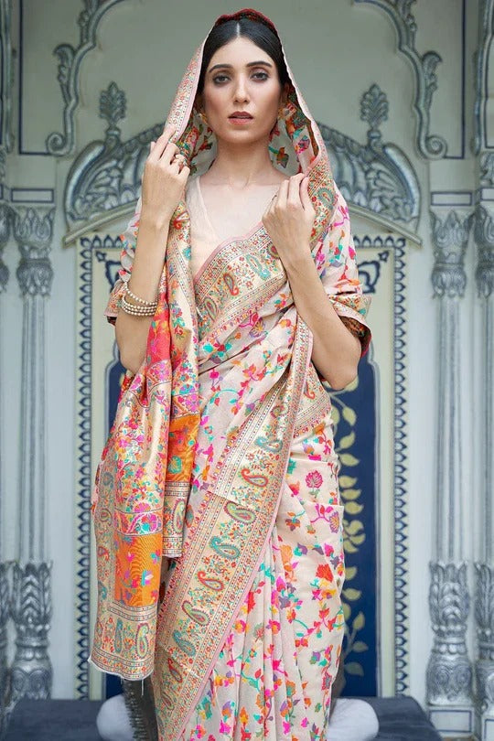 Incredible Beige Pashmina Saree With Enticing Blouse Piece