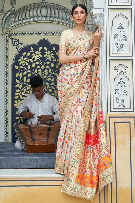 Incredible Beige Pashmina Saree With Enticing Blouse Piece