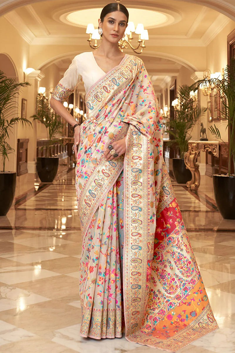 Incredible Beige Pashmina Saree With Enticing Blouse Piece