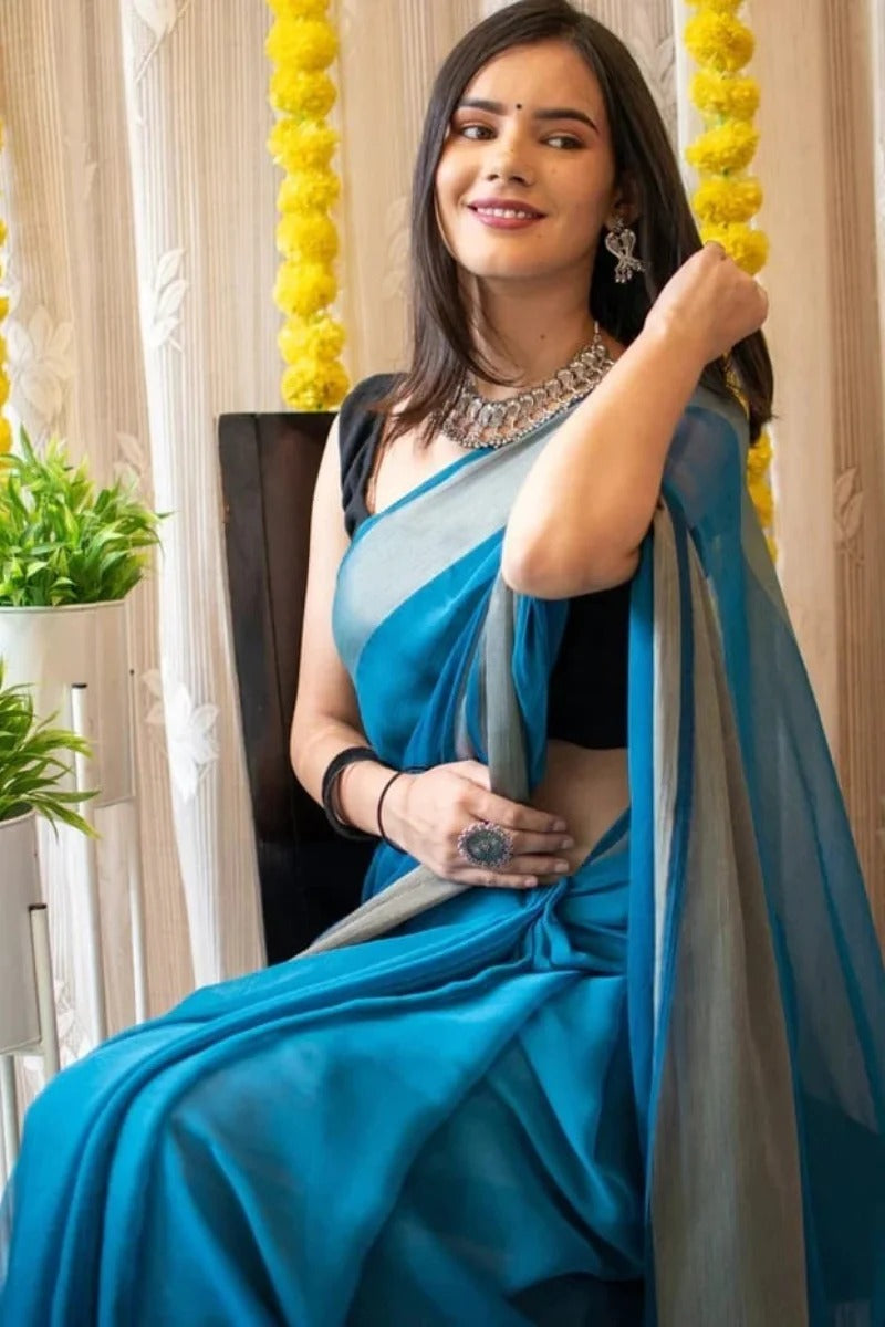 Glowing Firozi 1 Minute Ready To Wear 3D Shaded Colors Chiffon Silk Saree