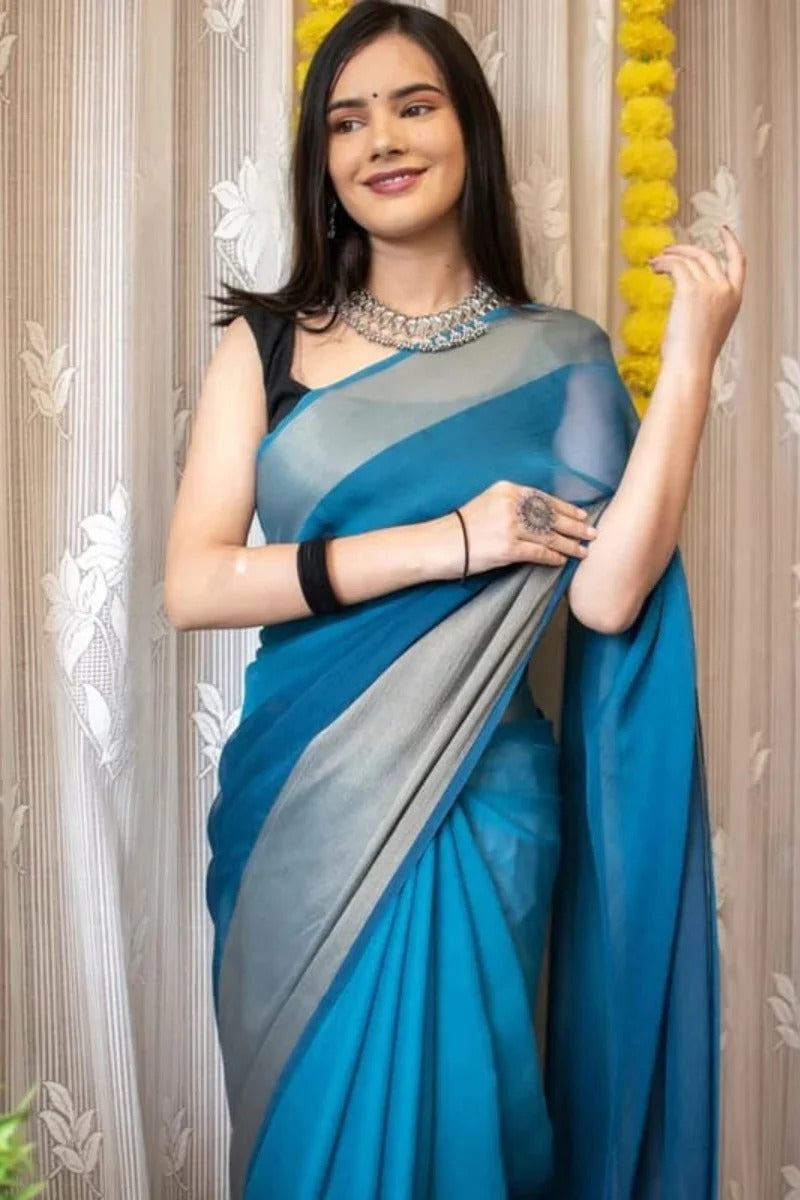 Glowing Firozi 1 Minute Ready To Wear 3D Shaded Colors Chiffon Silk Saree