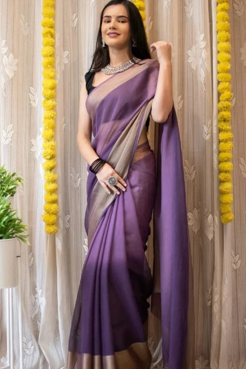 Flamboyant Lavender 1 Minute Ready To Wear 3D Shaded Colors Chiffon Silk Saree