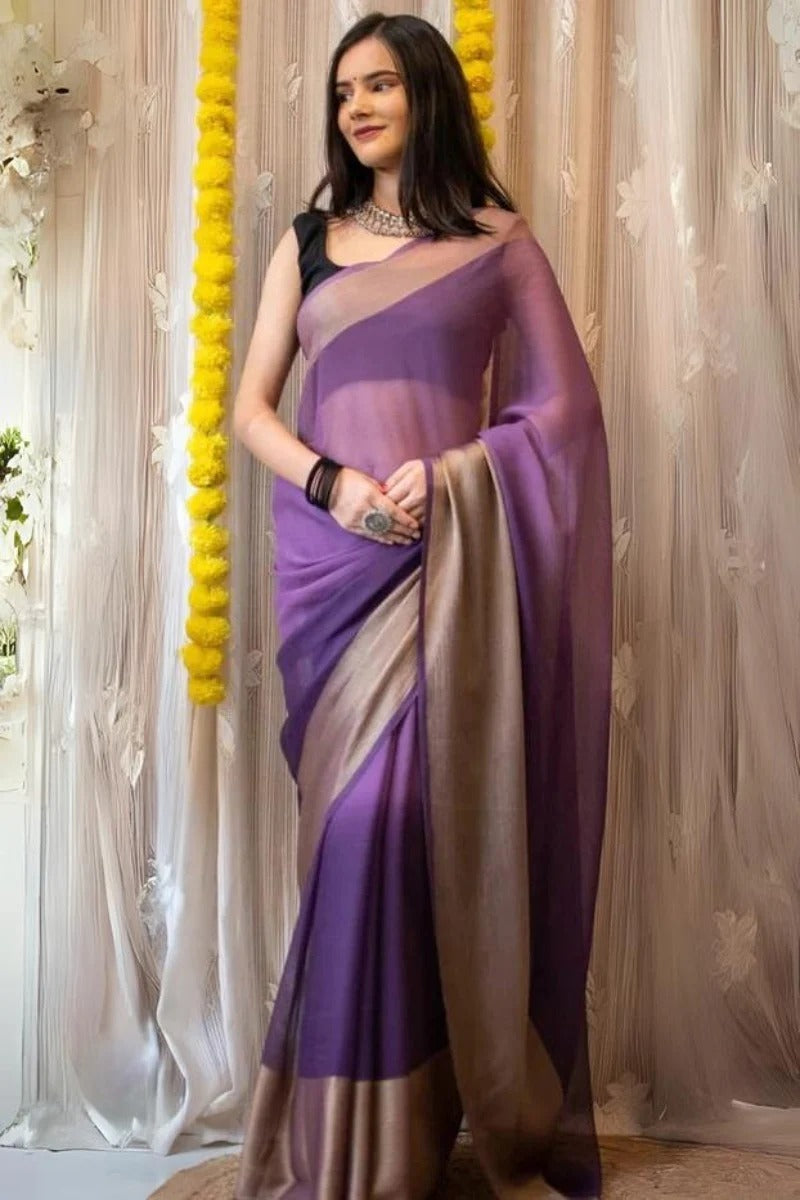 Flamboyant Lavender 1 Minute Ready To Wear 3D Shaded Colors Chiffon Silk Saree