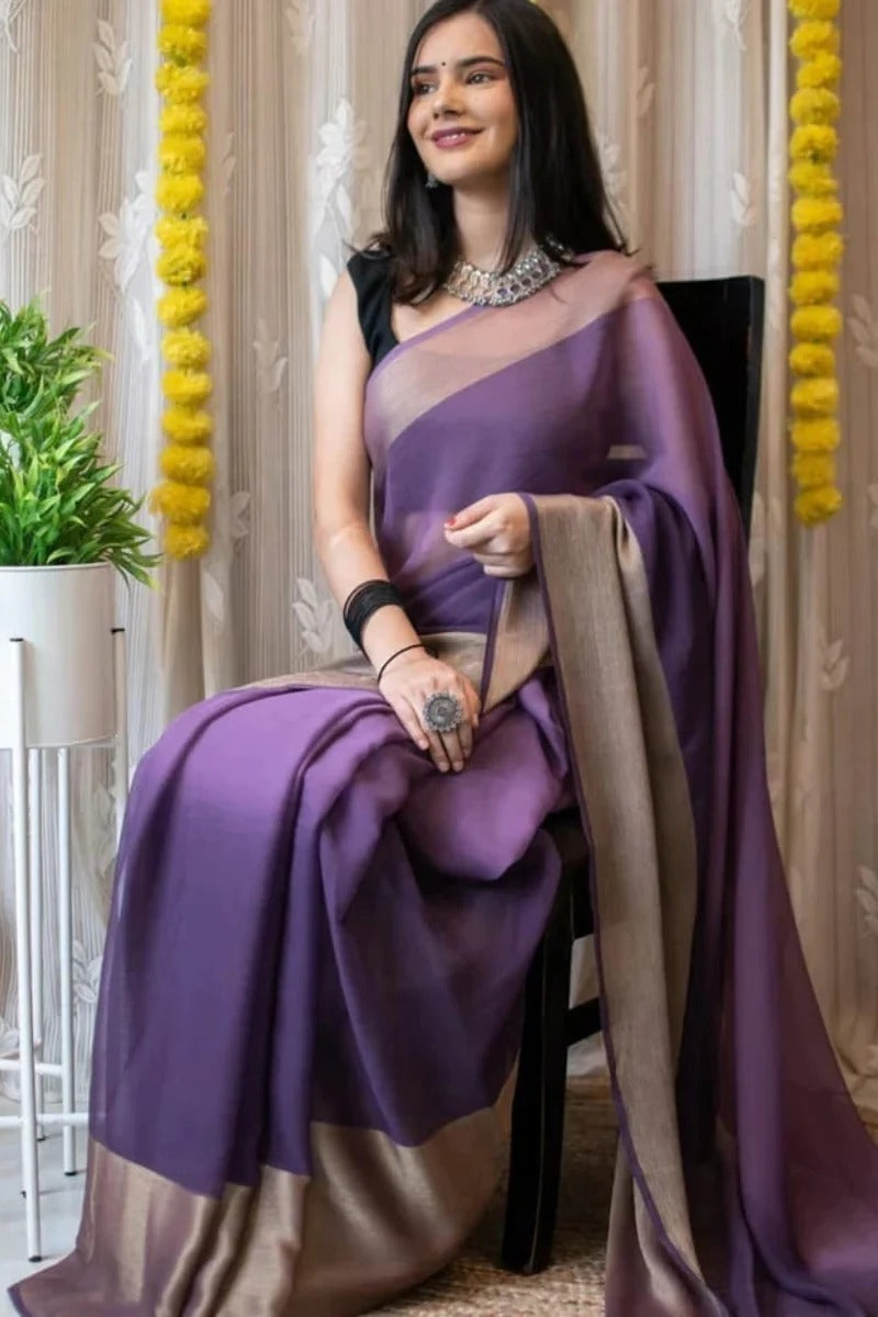 Flamboyant Lavender 1 Minute Ready To Wear 3D Shaded Colors Chiffon Silk Saree