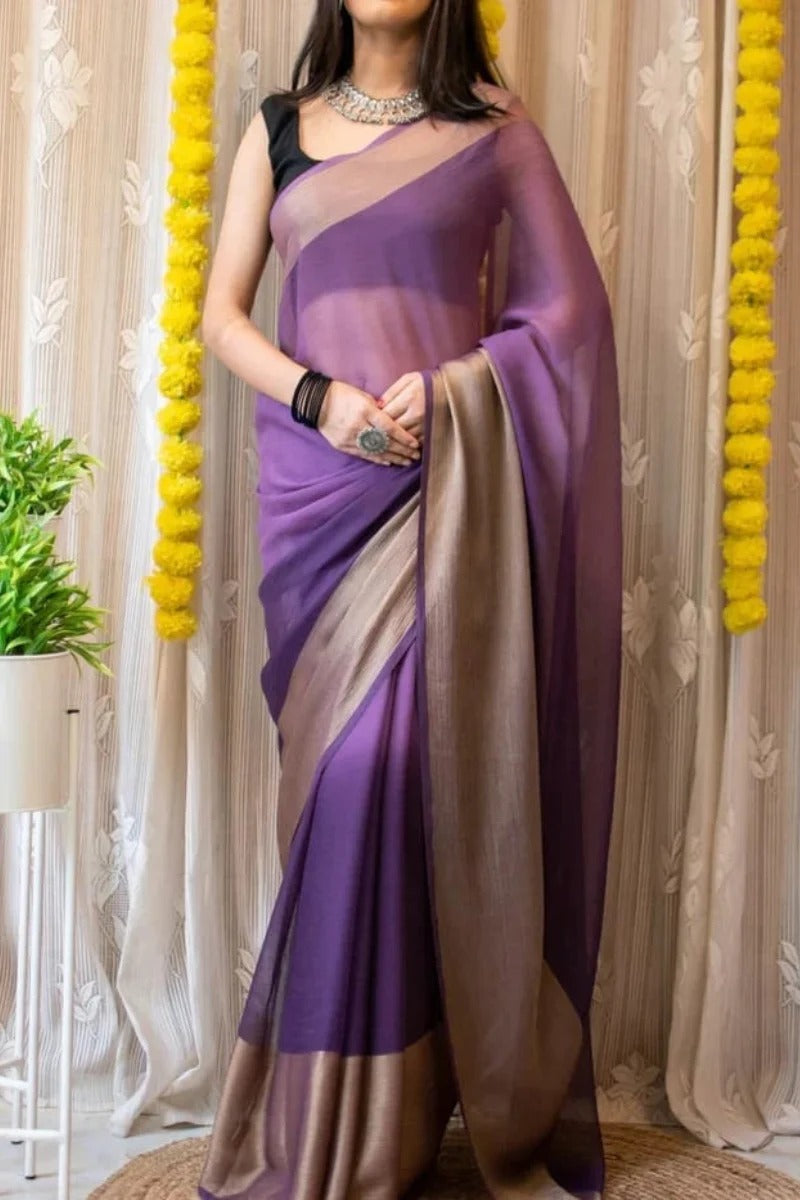 Flamboyant Lavender 1 Minute Ready To Wear 3D Shaded Colors Chiffon Silk Saree