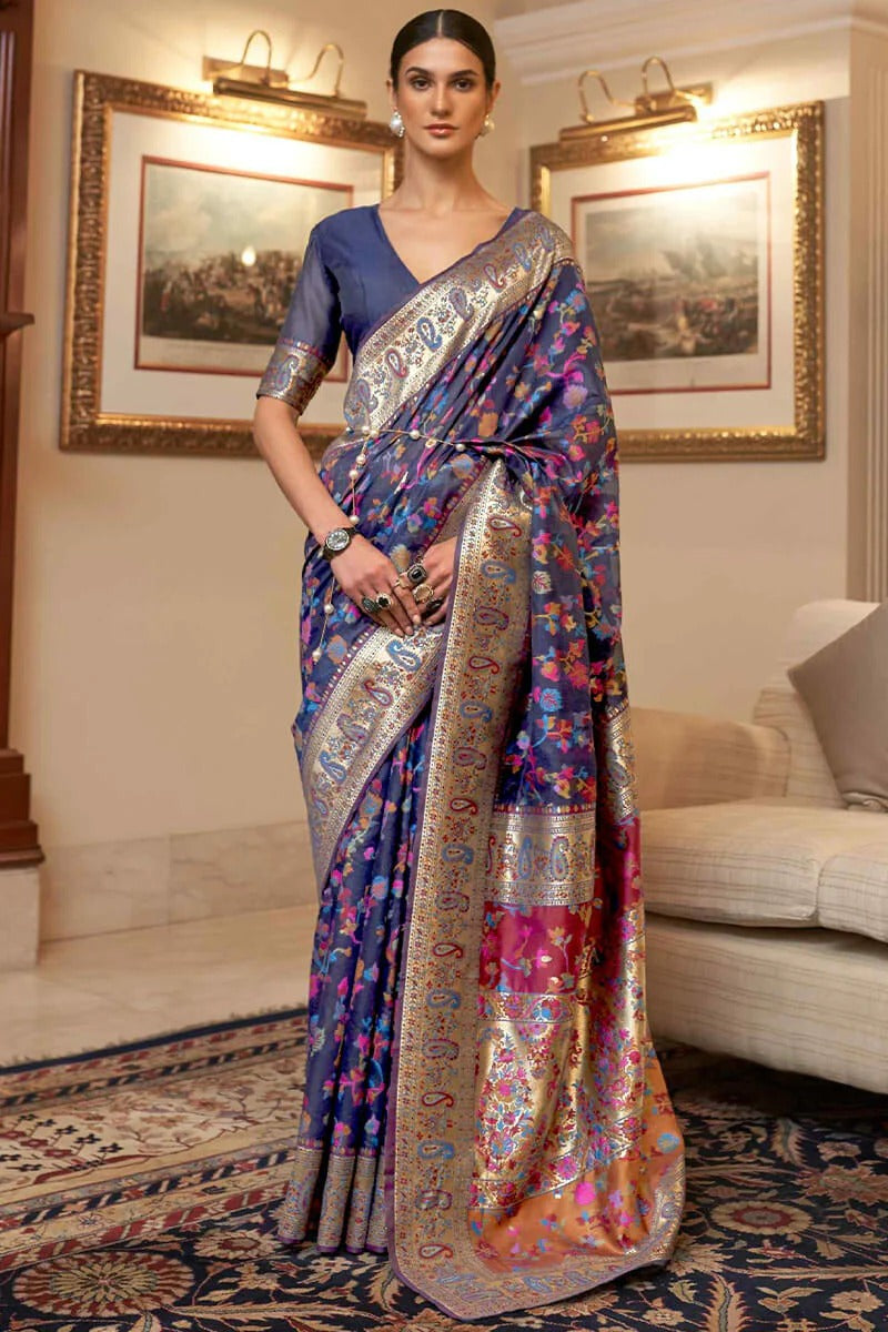 Jazzy Blue Pashmina Saree With Fancifull Blouse Piece