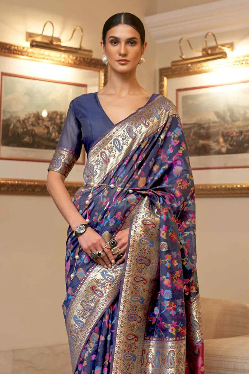 Jazzy Blue Pashmina Saree With Fancifull Blouse Piece