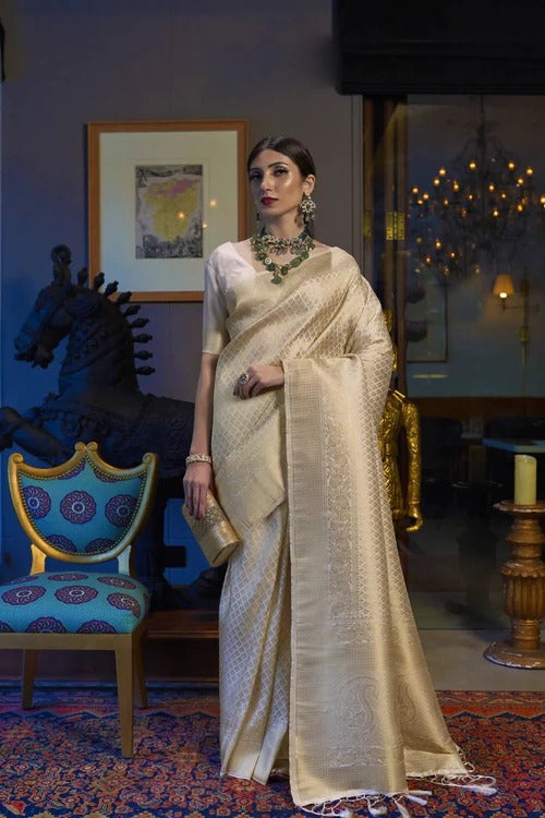 Elision Beige Kanjivaram Silk Saree With Dazzling Blouse Piece