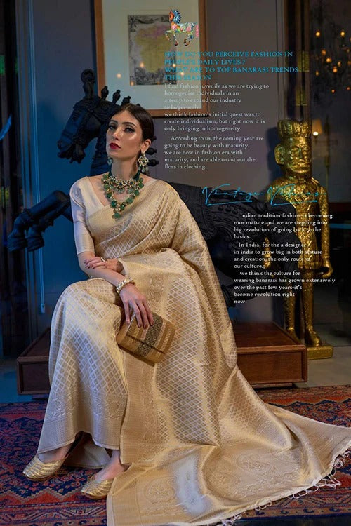 Elision Beige Kanjivaram Silk Saree With Dazzling Blouse Piece