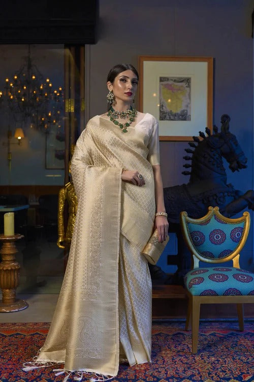 Elision Beige Kanjivaram Silk Saree With Dazzling Blouse Piece