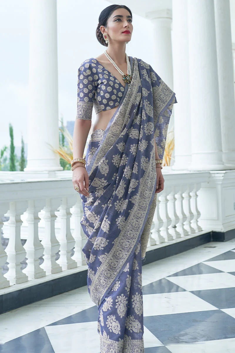 Moiety Blue Lucknowi Silk Saree With Gorgeous Blouse Piece