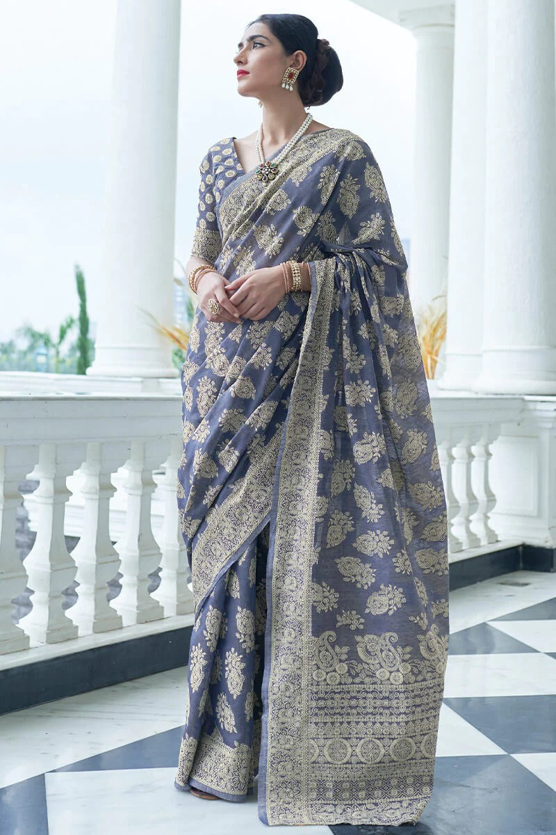 Moiety Blue Lucknowi Silk Saree With Gorgeous Blouse Piece