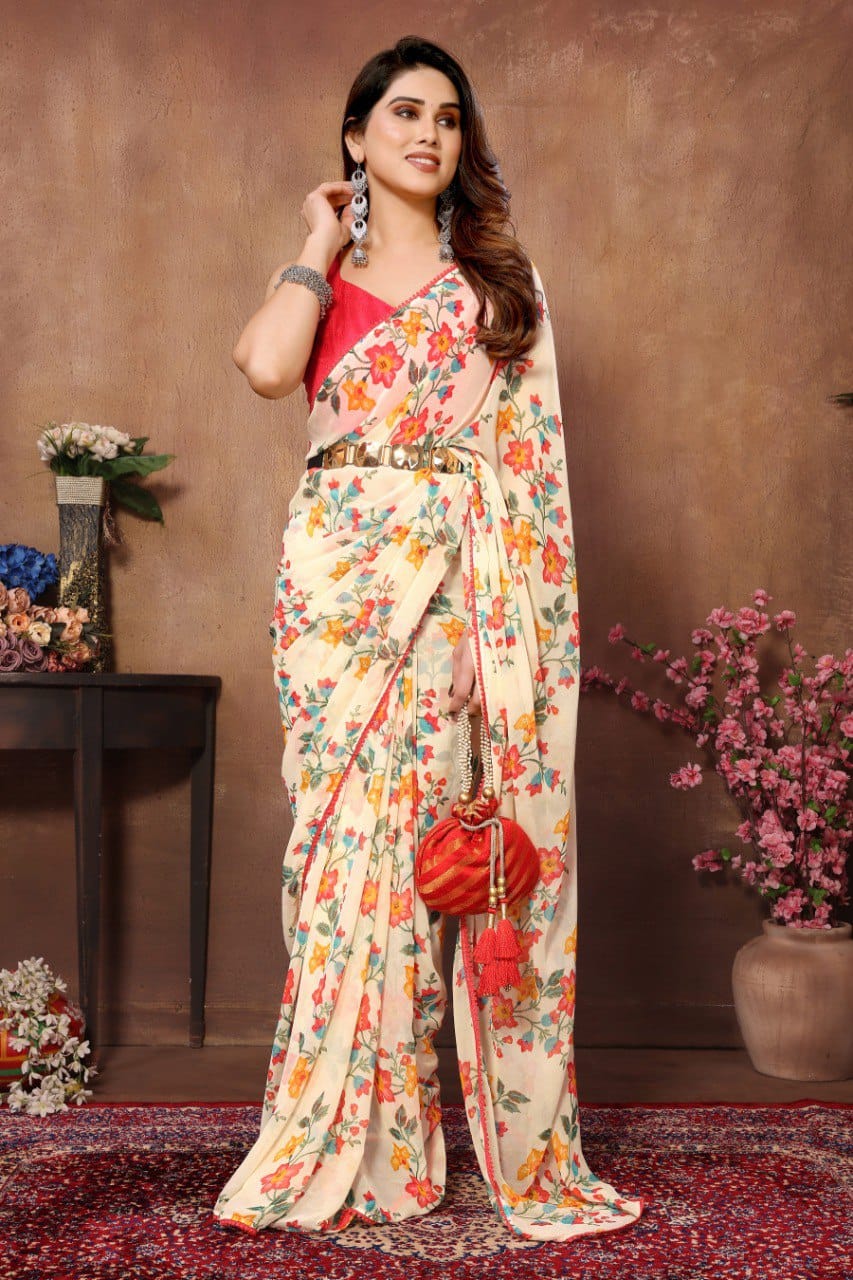 Prominent 1 Minute Ready To Wear Beige Floral Digital Printed Georgette Saree