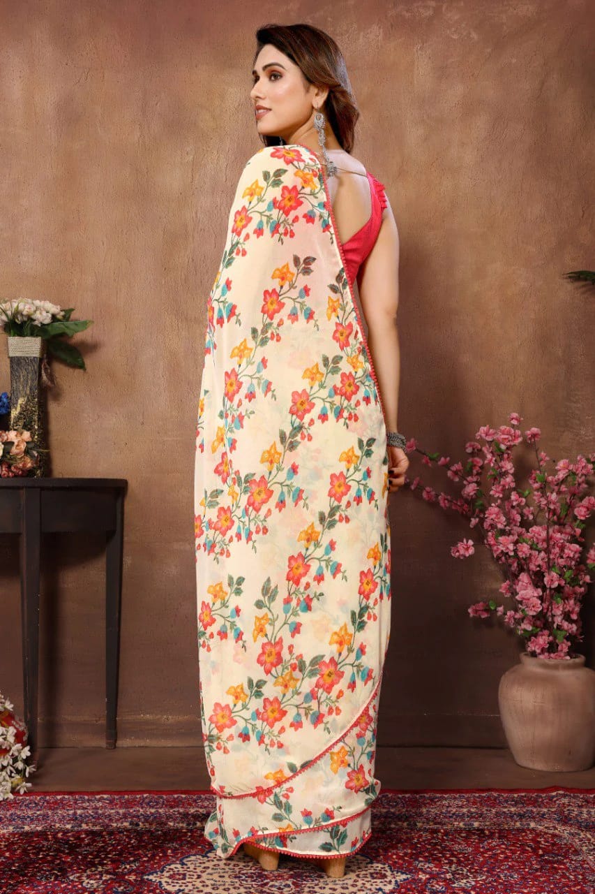 Prominent 1 Minute Ready To Wear Beige Floral Digital Printed Georgette Saree