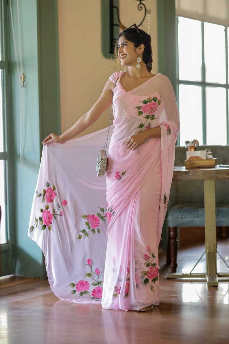 Mesmerising 1 Minute Ready To Wear Pink Floral Digital Printed Georgette Saree