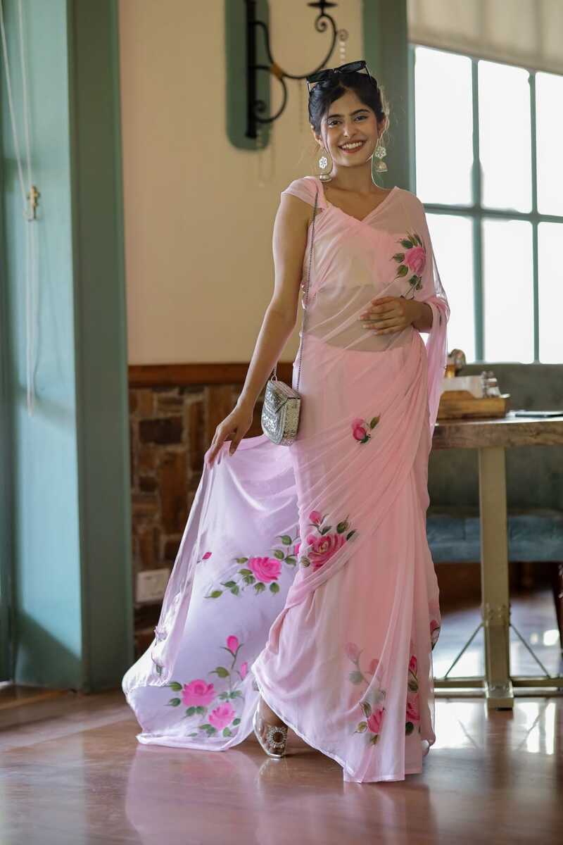 Mesmerising 1 Minute Ready To Wear Pink Floral Digital Printed Georgette Saree