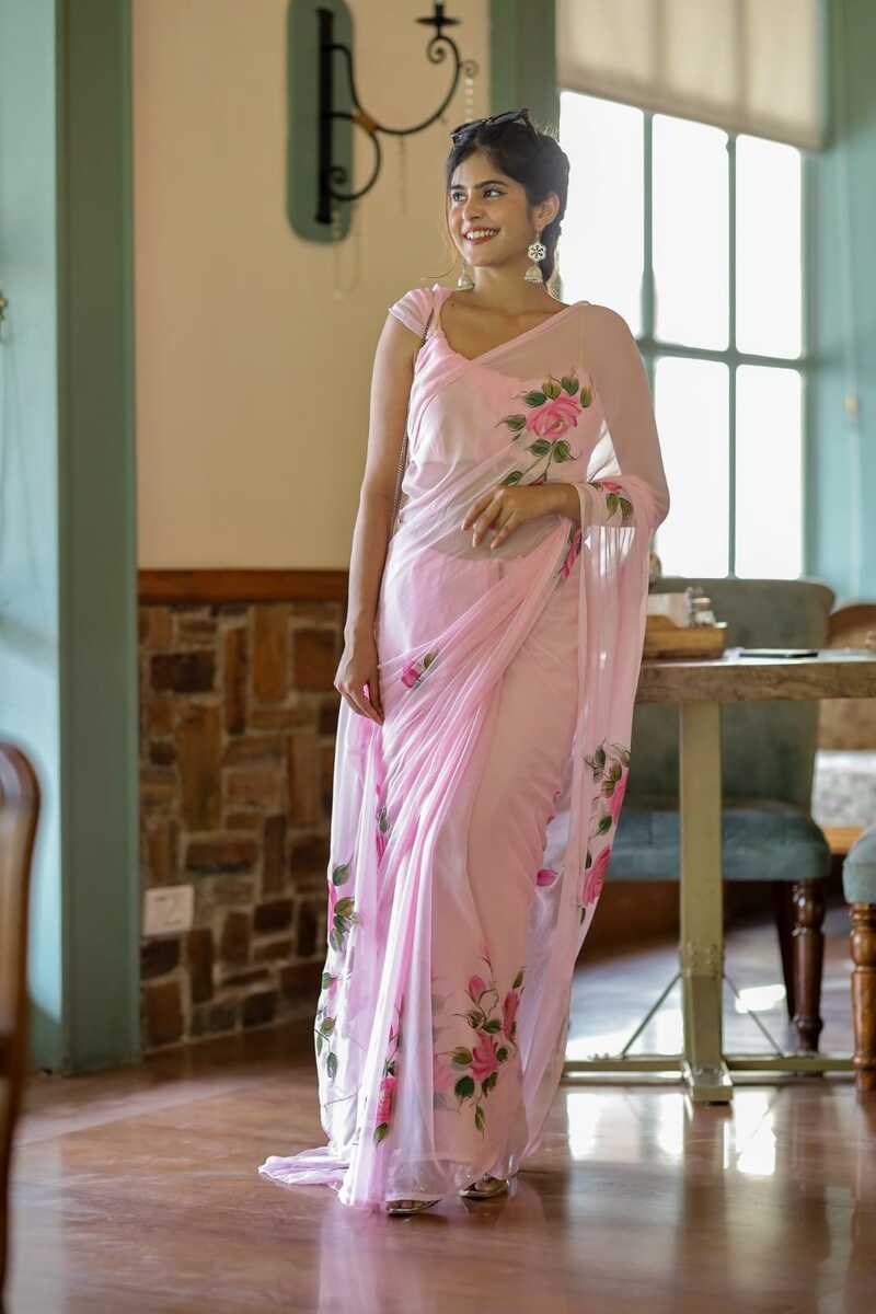 Mesmerising 1 Minute Ready To Wear Pink Floral Digital Printed Georgette Saree