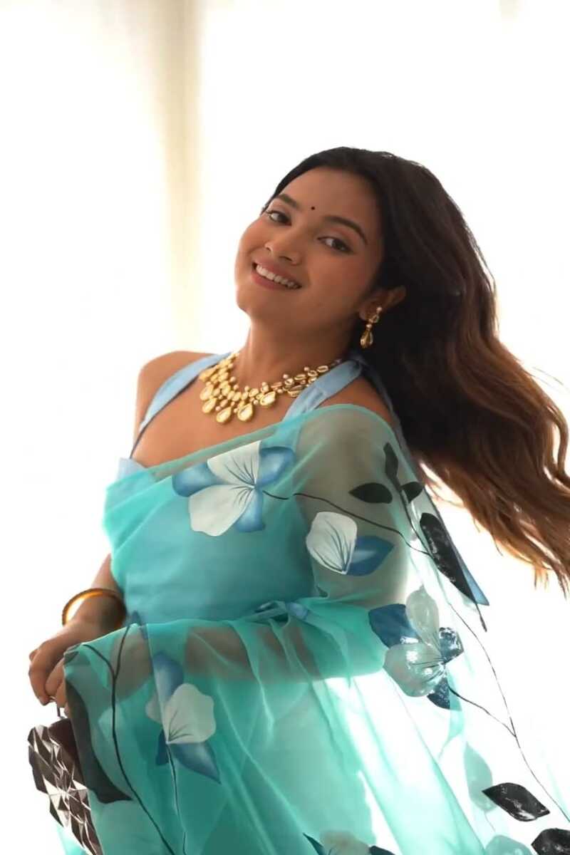 Demure 1 Minute Ready To Wear Sky Blue Organza Digital Prited Saree
