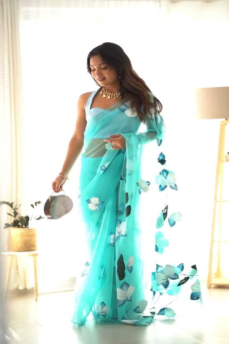 Demure 1 Minute Ready To Wear Sky Blue Organza Digital Prited Saree