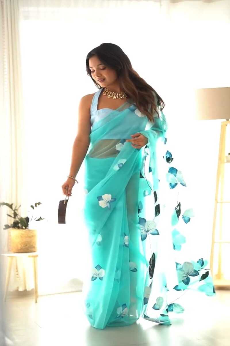 Demure 1 Minute Ready To Wear Sky Blue Organza Digital Prited Saree