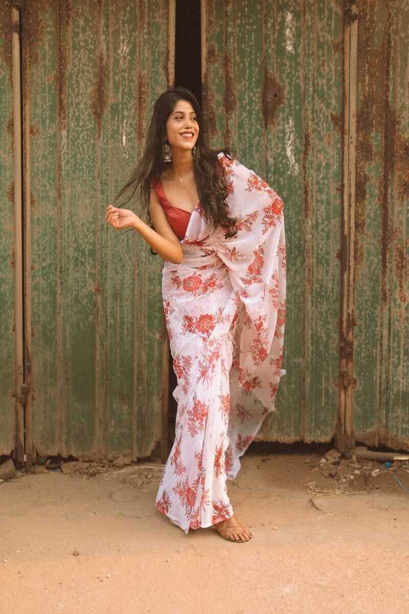 TwirlTales 1 Minute Ready To Wear White Color Digital Printed Georgette Saree
