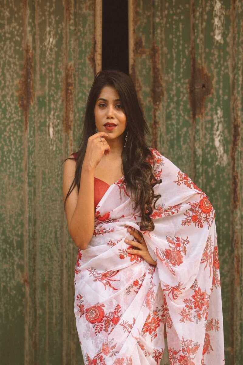 TwirlTales 1 Minute Ready To Wear White Color Digital Printed Georgette Saree