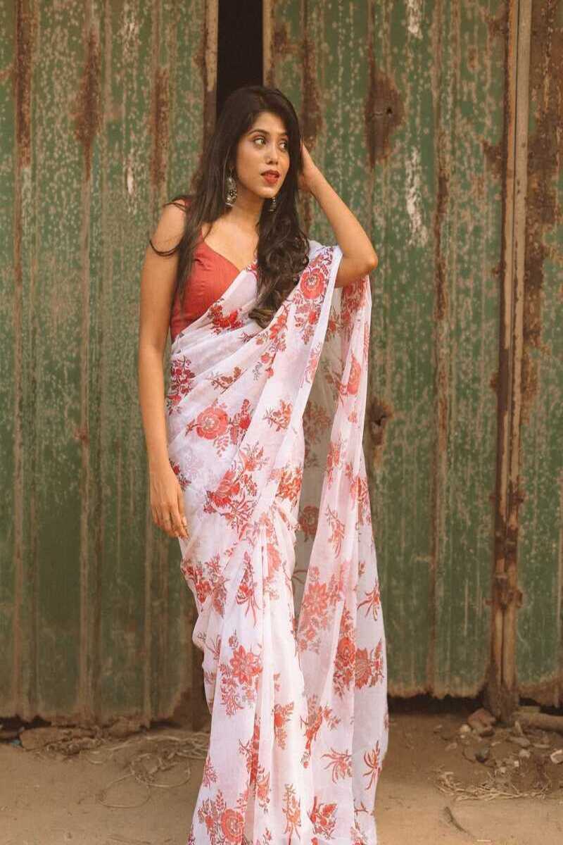 TwirlTales 1 Minute Ready To Wear White Color Digital Printed Georgette Saree