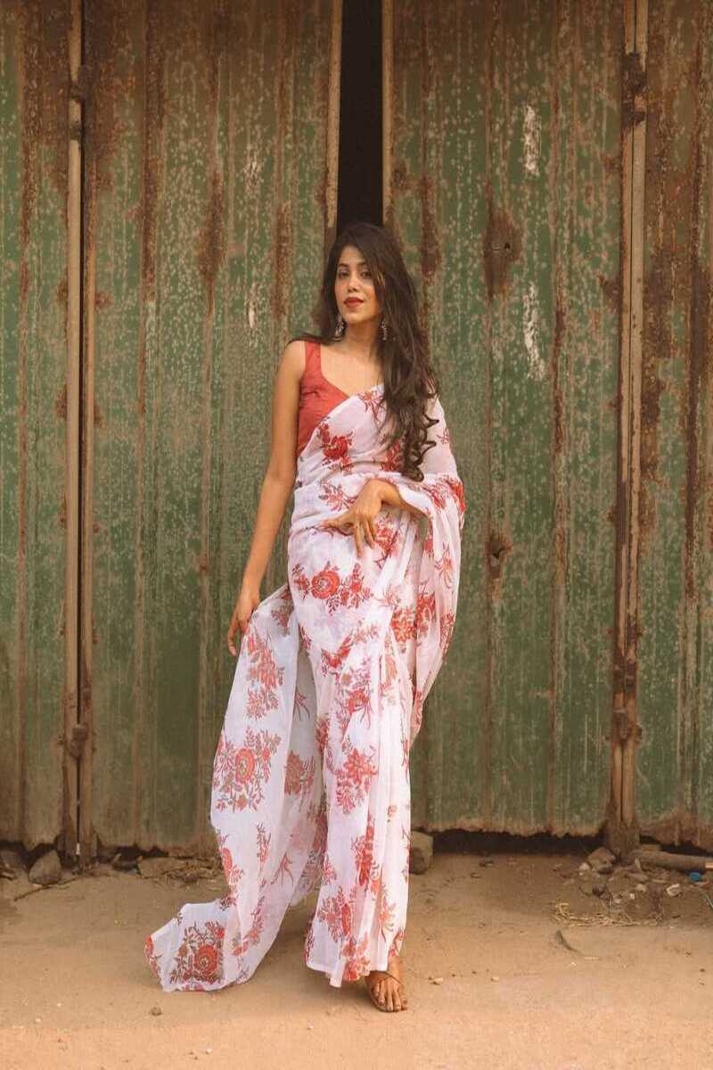TwirlTales 1 Minute Ready To Wear White Color Digital Printed Georgette Saree