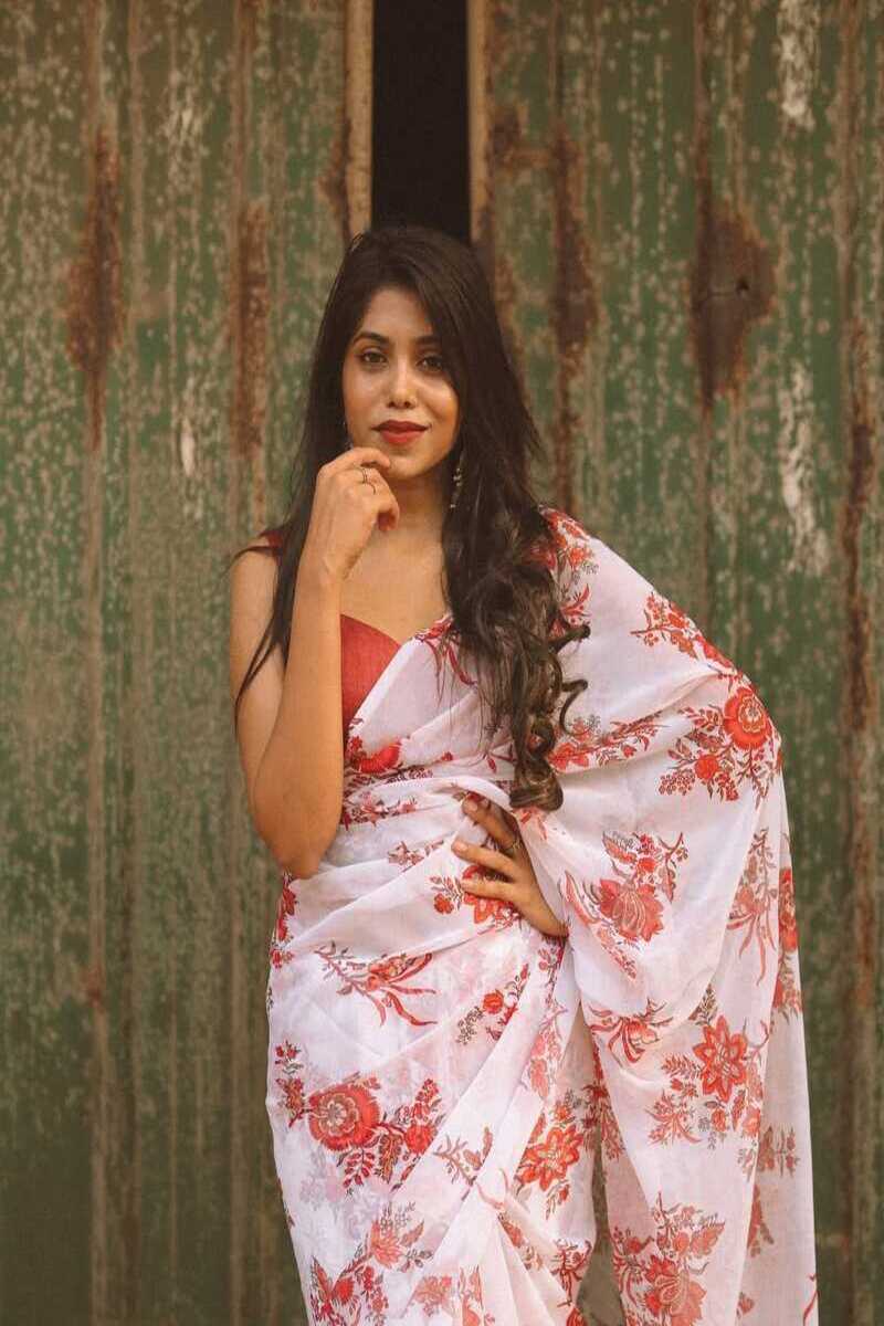 TwirlTales 1 Minute Ready To Wear White Color Digital Printed Georgette Saree