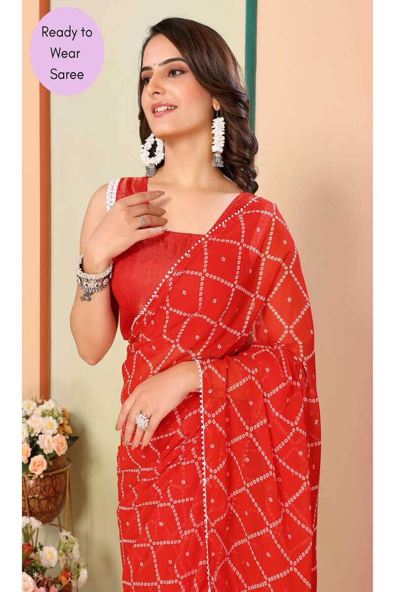 DrapePop 1 Minute Ready To Wear Tomato Red Digital Printed Georgette Saree