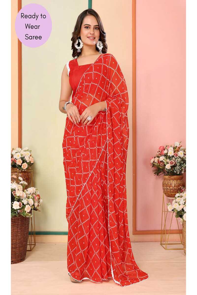 DrapePop 1 Minute Ready To Wear Tomato Red Digital Printed Georgette Saree