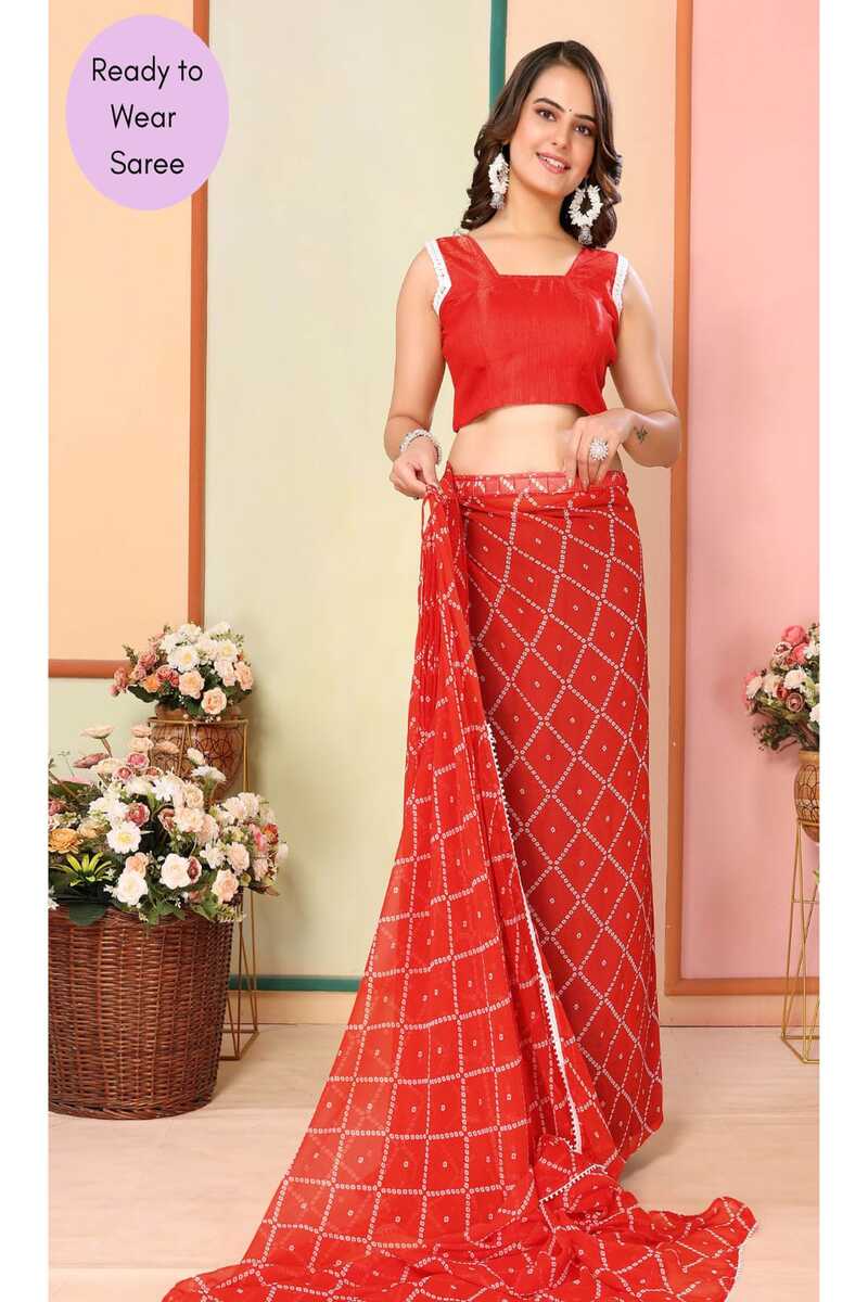 DrapePop 1 Minute Ready To Wear Tomato Red Digital Printed Georgette Saree