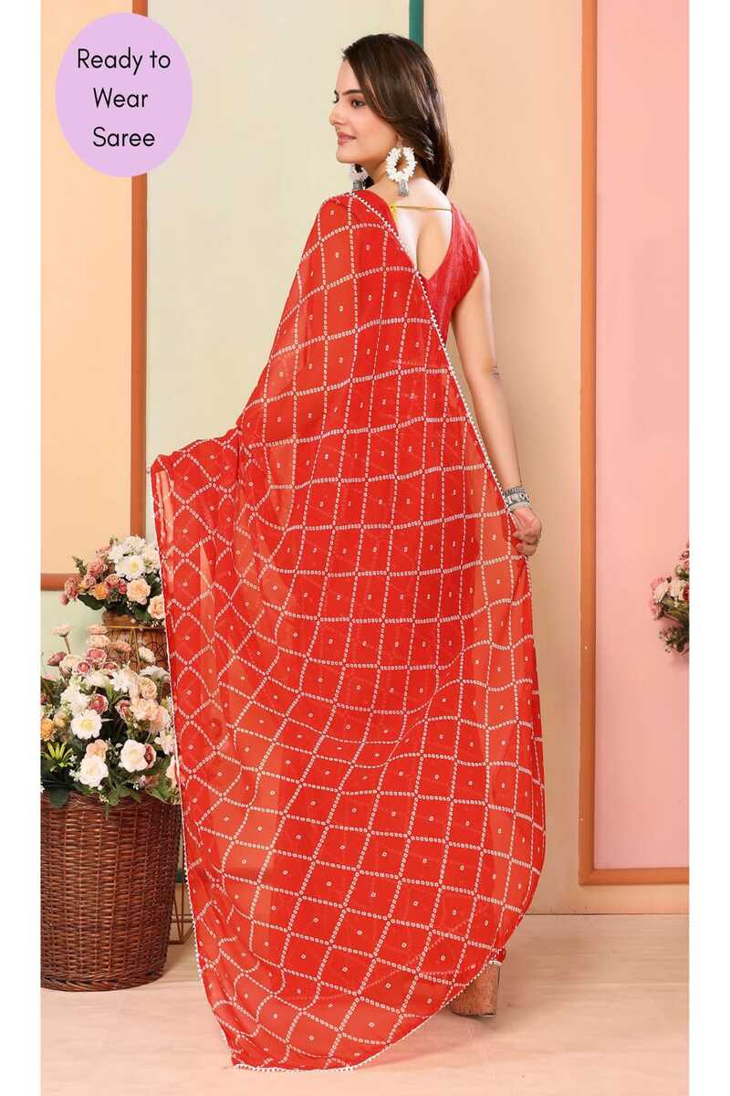 DrapePop 1 Minute Ready To Wear Tomato Red Digital Printed Georgette Saree