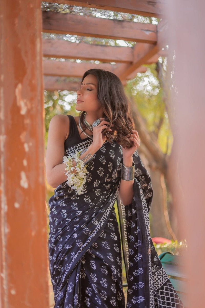 Precious 1-Minute Ready To Wear Black Cotton Saree with Blouse