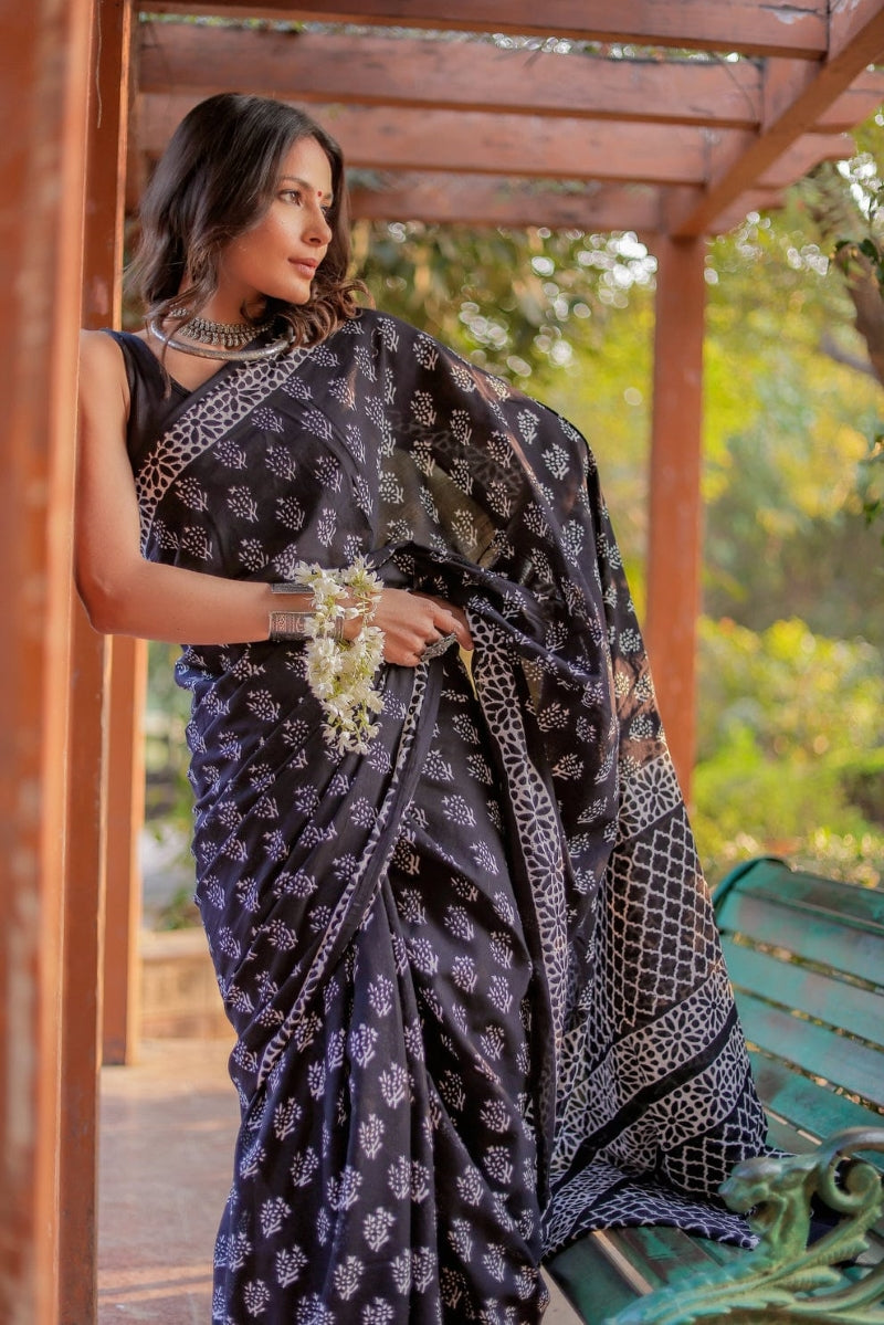 Precious 1-Minute Ready To Wear Black Cotton Saree with Blouse