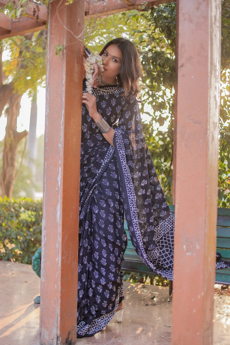 Precious 1-Minute Ready To Wear Black Cotton Saree with Blouse