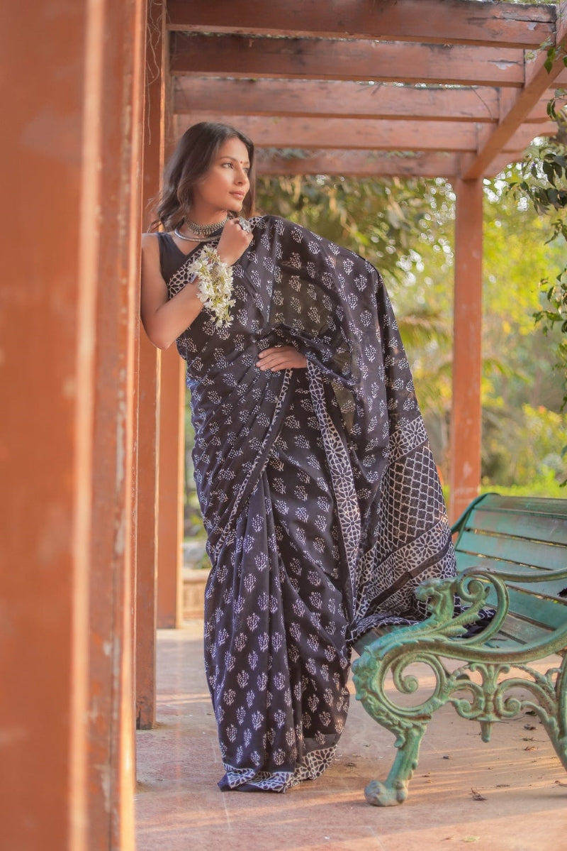 Precious 1-Minute Ready To Wear Black Cotton Saree with Blouse