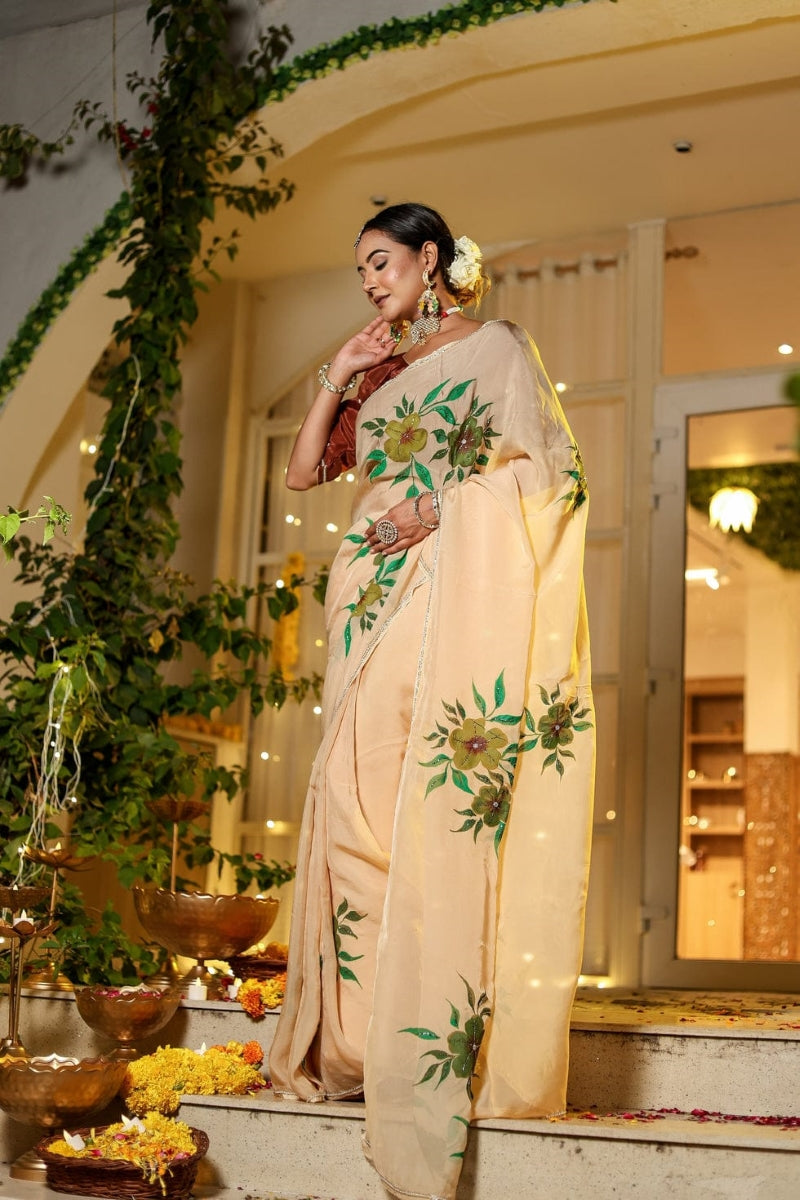 GeorgetteGold 1 Minute Ready To Wear Peach Orange Digital Printed Georgette Silk Saree