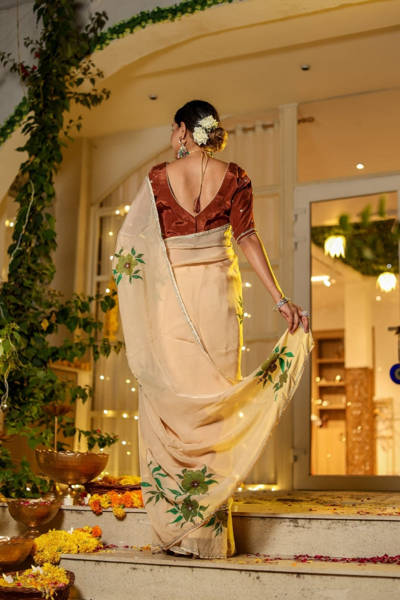 GeorgetteGold 1 Minute Ready To Wear Peach Orange Digital Printed Georgette Silk Saree